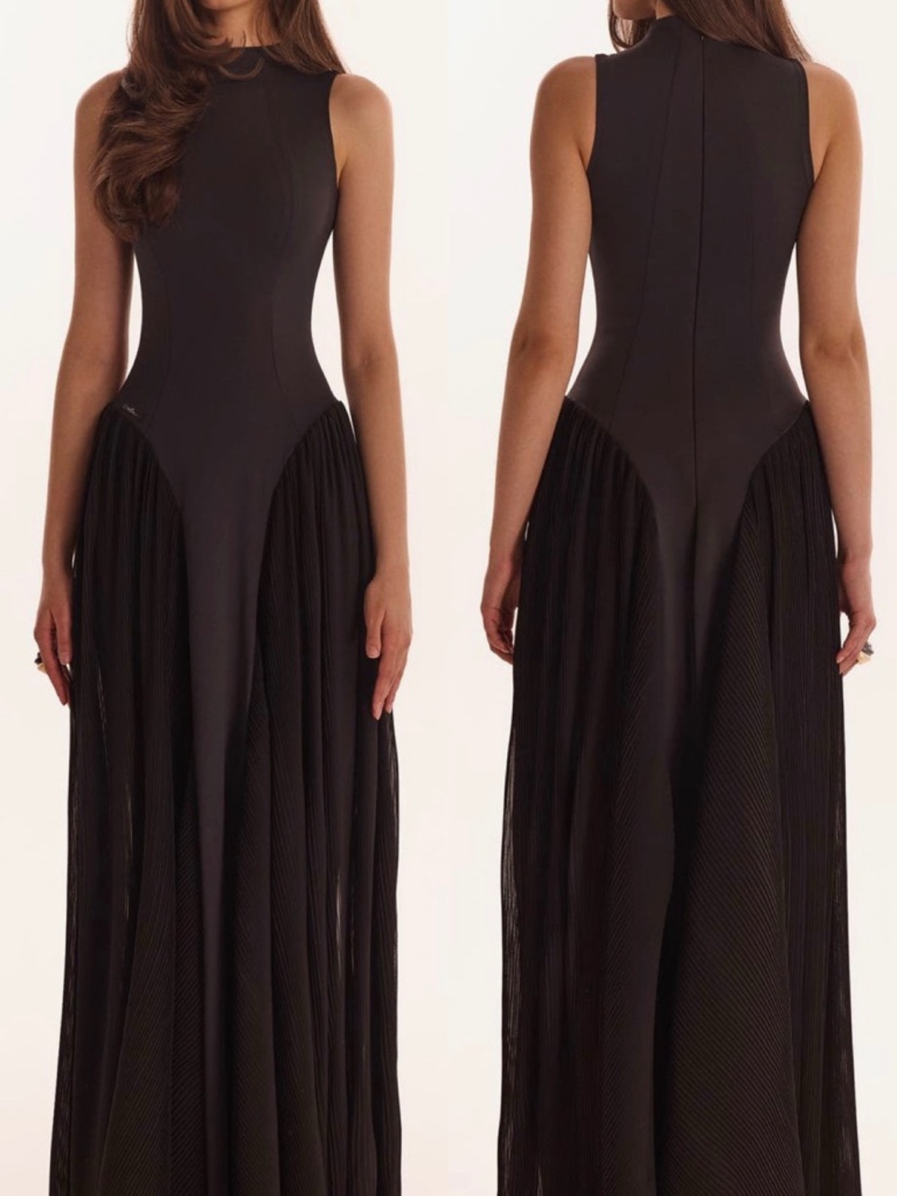 Black Tie Mock Neck Black Maxi Dress with Pleated Panels Formal Wedding Guest